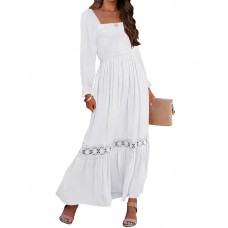 Zesica Womens 2023 Boho Long Sleeve Square Neck Smocked High Waist Flowy A Line Lace Trim Maxi Dress,White,Small