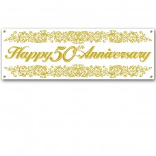 Party Central Club Pack of 12 Gold and White Happy 50th Anniversary Outdoor Party Banner Signs 5'